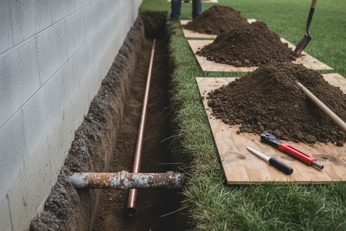 Excavated water line trench during Sewer Line Repair in Monee
